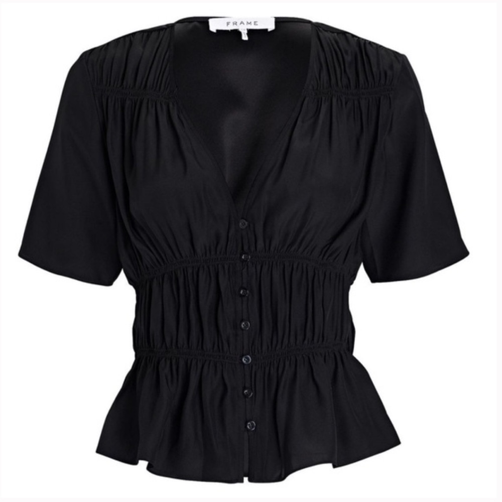 The Frame 100% Silk Black Short Sleeve Blouse with Ruched Button Front